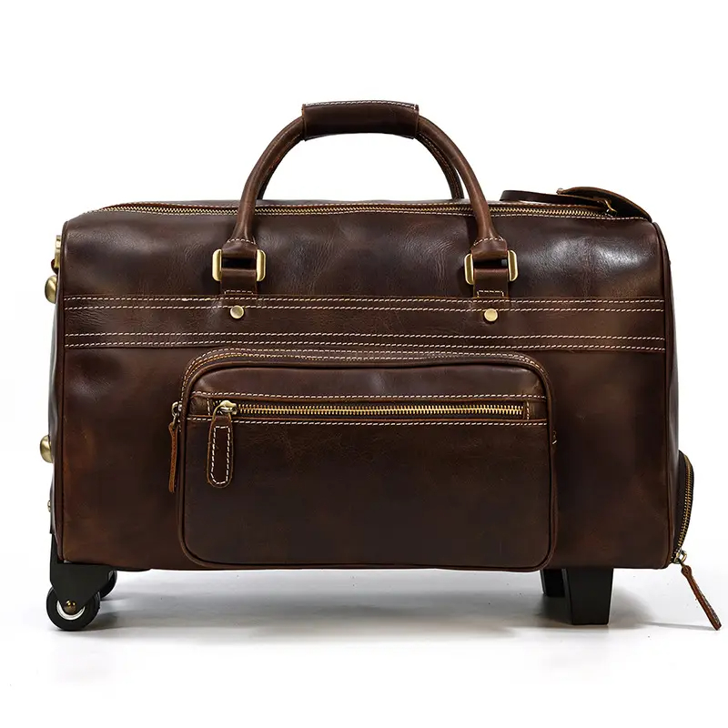 Miseleyio Genuine Leather Luggage Travel Wheel Duffle Bag Weekend Overnight Bag Rolling Suitcase Cow Leather Trolley Bag