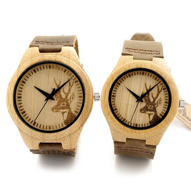 WJW---Clean Design Deer Bamboo Wooden Watch with Leather Strap Band
