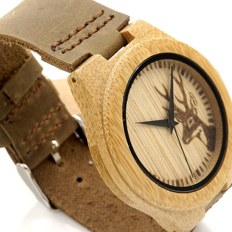 WJW---Clean Design Deer Bamboo Wooden Watch with Leather Strap Band