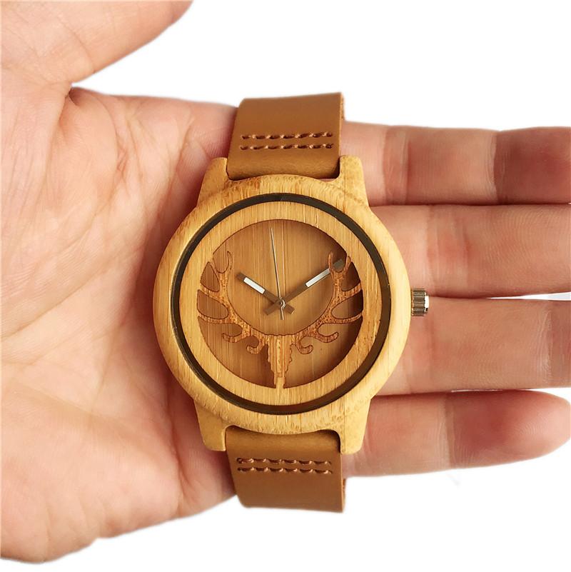 DQ---Wooden Bamboo Watch with Deer and Analog Dial Leather Band