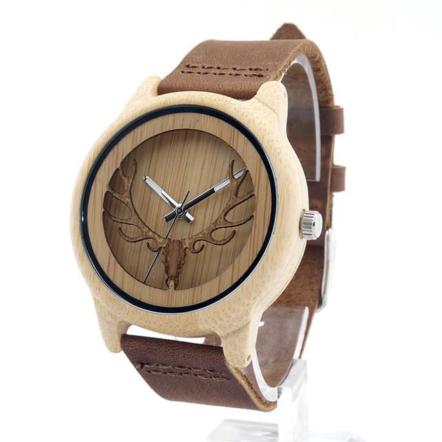 DQ---Wooden Bamboo Watch with Deer and Analog Dial Leather Band