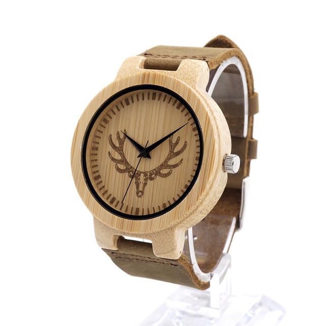 DQ---Wooden Bamboo Watch with Deer and Analog Dial Leather Band